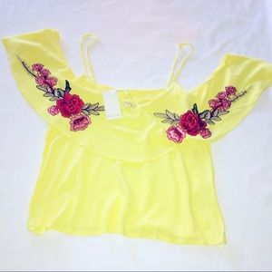 THE SANG YELLOW EMBROIDERED COLD SHOULDER CROP TOP